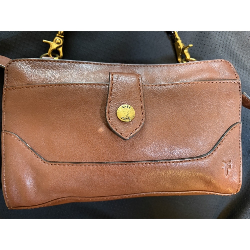 Frye Brown Leather Small Crossbody Bag Adjustable Strap Zip Close Snap Pocket - Picture 4 of 13